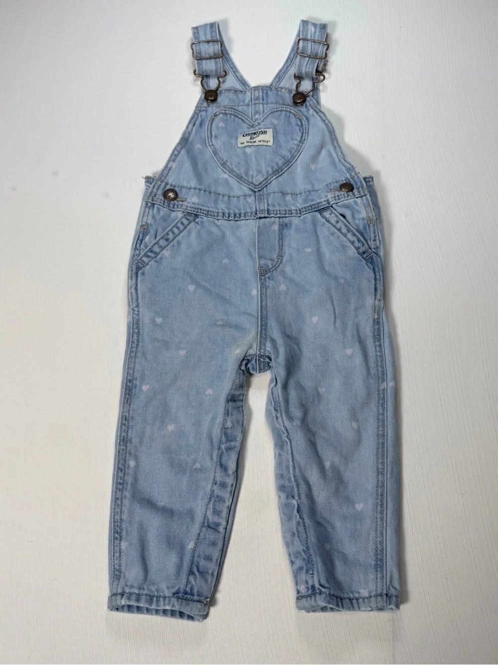OshKosh B’gosh Baby Girls 12M Denim Overalls Heart Pocket Pink Hearts Bib